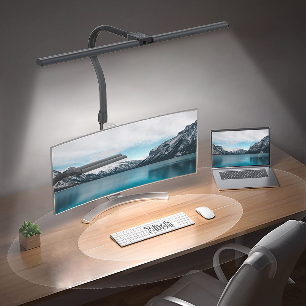 Nerius Axis Base desk lamp with dual adjustable heads, providing wide coverage on computer desk with curved monitor and laptop, ideal for office or home workspace
