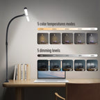 Nerius Axis Base desk lamp showing 5 color temperature modes and 5 brightness levels, LED adjustable lighting for office or home workspace
