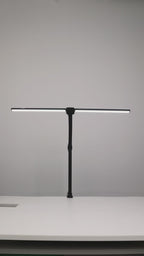 Nerius Axis Base desk lamp demonstration, showing adjustable head angles, flexible arm, 5 color temperature modes, and 5 brightness levels, used on office or home workspace